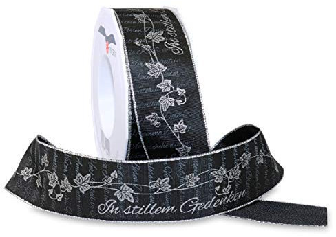 PRÄSENT REMEMBER Trauerband mit Drahtkante schwarz, 20 m Psalmband zum Verzieren & Basteln, 40 mm Breite, leicht biegsames Schleifenband, für festliche Dekos zu besonderen Anlässen, 11 x 11 x 4.8 cm
