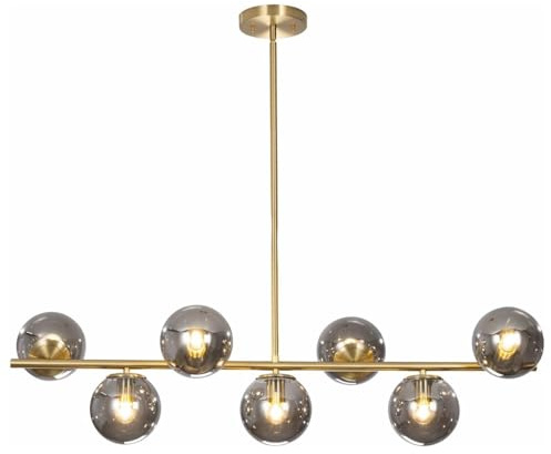 KCO Lighting Mid-Century-Kronleuchter 7 Flammig Gold, Moderne Lineare Pendelleuchte Aus Messing mit 7-Flammigem Kronleuchter aus Rauchglaskugeln für Kücheninsel, Esszimmer