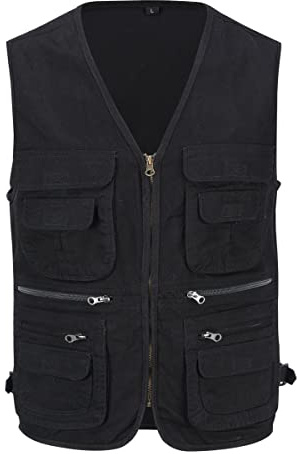 YOUTHUP Herr Gilet Multi Pocket Cargo Utility Safari Väst Utomhus Fiske Jaktväst, Svart, XXL