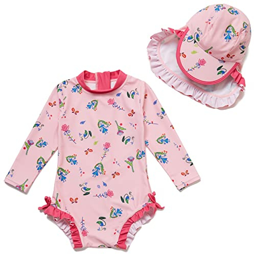 Mazuliso Bebé Niñas Traje de Baño una Pieza Manga Larga UPF50+ Bañadores con Cremallera y Sombrero(Princess,74-80 CM)