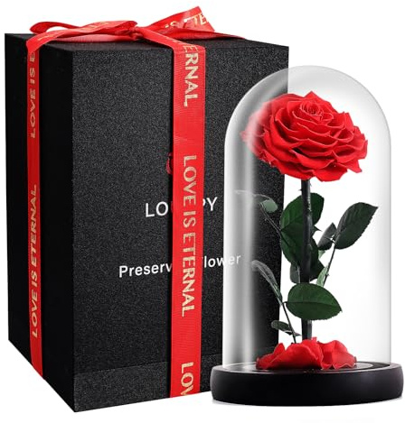 LOUVPY Forever Roses - Gifts Idea for Mom - Beauty and The Beast Rose in Glass Dome - Eternal Preserved Rose Flower - Gift for Her,Wife,Girlfriend(Red, 9inch)