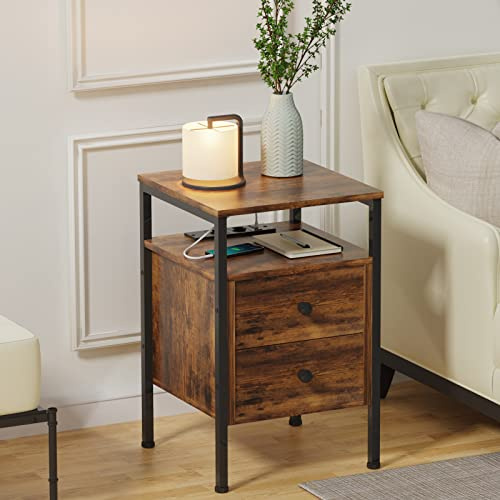 Chleby Mesita de Noche con Enchufe, mesita de Noche para Dormitorio, Mesa de café marrón, Mesa Auxiliar con 2 cajones, Organizador para el Dormitorio y el salón
