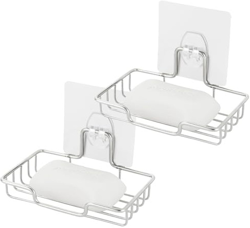 Athyior 2pcs Soap Dishes Wall Mounted Self Draining - Self Adhesive Soap Holder Stainless Steel Soap Box Dry Container for Shower, Bathroom, Kitchen, Travel Storage Soap and Sponge