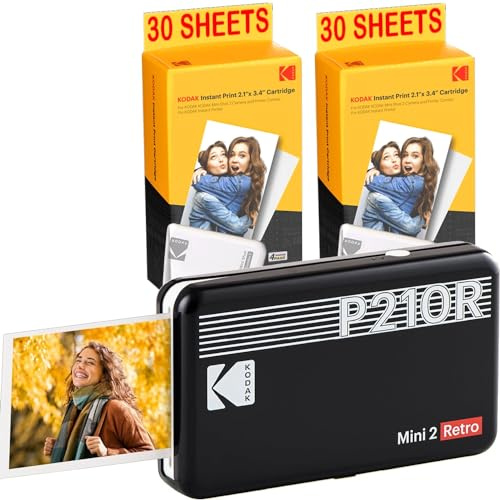 Kodak Mini-Drucker P210 Retro 2 + Patrone und Papier für 60 Fotos – Drucker mit Bluetooth – Fotos Format CB 5,3 x 8,6 cm – Lithium-Akku – Thermosublimation 4 Pass