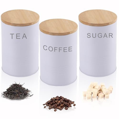 AYSUM Tea Coffee & Sugar Canisters Set of 3, Kitchen Storage Tins Storage Jar Container Set With Airtight Bamboo Lid, White - Round Jars