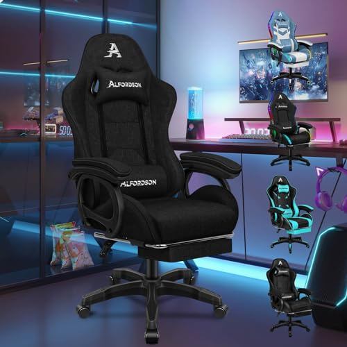 ALFORDSON Sedia da Gaming Massaggiante, Poggiapiedi Telescopico, Sedia Gamer con Cuscino Lombare & Poggiatesta, Ergonomico Sedie da Ufficio Schienale Regolabile 90-150°, Tessuto(Nera)