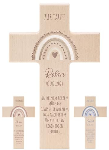 wunderwunsch - Personalisiertes Taufkreuz mit hochwertigem Spezial-Druck aus massivem Buchenholz - Taufe Geschenk - Holzkreuz Taufe (Regenbogen beige)