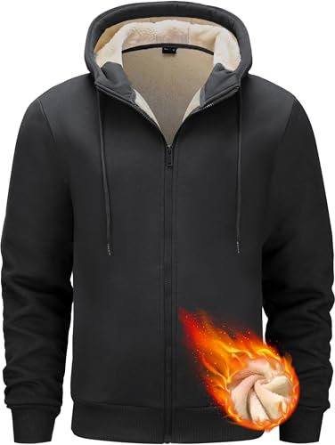 Tansozer Herren Gefütterte Winter Hoodies Sweatjacke Warme Jacken Kapuzenpullover mit Taschen (Schwarz, L)