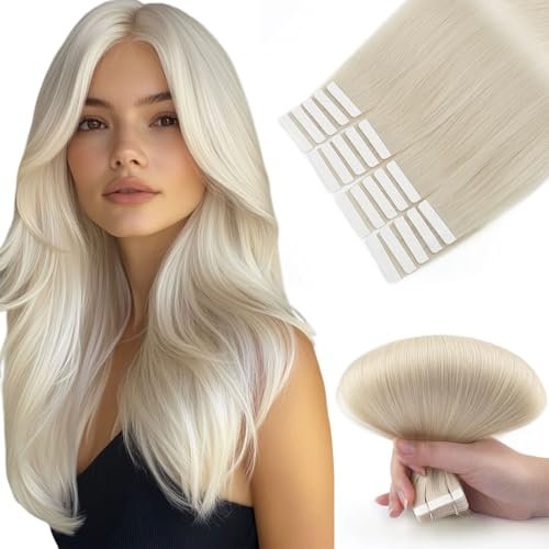 Yuniffe Tape in Extensions Echthaar Invisible Haarverlängerung Tape ins Platinblond Wiederverwendbar Doppelseitig Tape in Echthaar Extensions, 35 cm, 50 g, 20 Stück