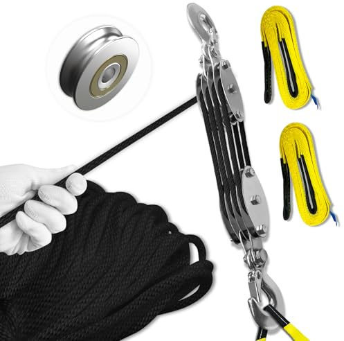 SALIFTFE Block and Tackle Pulley System, Upgraded 4-Wheel Rope Pulley Hoist with 2 Lift Sling Straps, 8:1 Lifting Power, 2200 lbs. WLL with 65Ft of 1/4” Rope, Compact Rope Hoist for Garage and Hunting