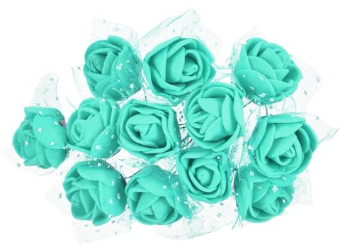 PATIKIL Mini Rose Artificial Flowers Heads 0.98 Inch, 144 Pcs Bulk Stem Foam Fake Roses with Gauze for Wedding Bouquet Boutonnieres Cake Crafts Home Party Decoration, Blue Green