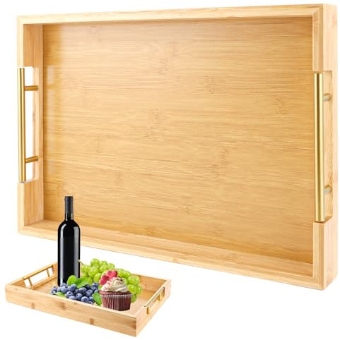 DAJAVE Vassoio da Portata in Bambù, Vassoio Grande Rettangolare in Bambù con Manico - Vassoio Legno per Cucina - 41 x 30 x 5 cm - Ideale per Servire e Decorare - Vassoi Legno Rettangolari da Presa.