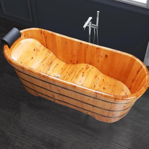 Qcesorib Bañera de Madera Maciza con Taburete, Bañera Tradicional con Cesta Colgante, Bañera Exenta con Reposacabezas, Ahorrar Agua, para Baño, Jardín