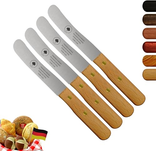 Solingen Messer, 4er Set Buche Holzgriff, Premium Buckelmesser, Klinge rostfrei 11cm - Küchenmesser, Brotmesser, Frühstücksmesser, Dünnschliff & Handabzug, Made in Germany