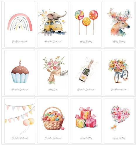 BSITSSS 12 Piezas Tarjeta Felicitacion Cumpleaños, Tarjeta de Regalo Acuarela y Sobres, Postal Cumpleaños Invitaciones Boda Aniversario para Niños Adultos Niños y Niñas