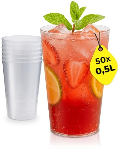 Silverkitchen 50x Mehrweg Plastikbecher 0,5 L – Stapelbare Partybecher - Spülmaschinenfeste Hartplastik Becher für Events, Partys & Gastronomie