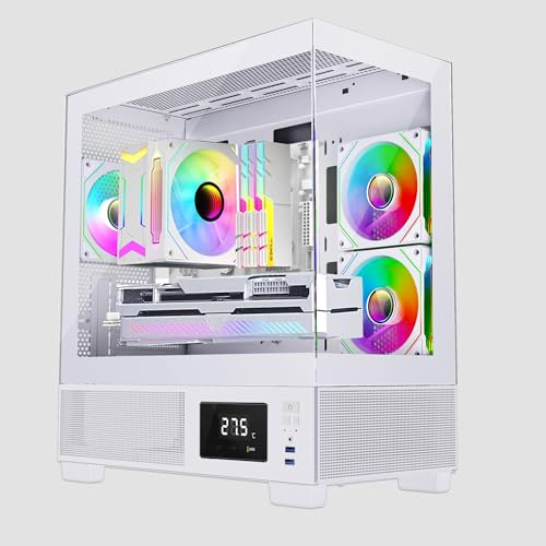 IONZ KZ-V M/ATX PC Gaming case, Tempered Glass, LED Temperature Display, includes 5 x120 mm PWM ARGB Fans - White, Mini Aether