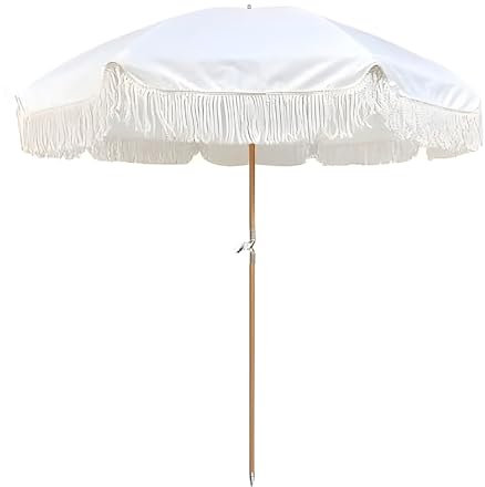 XOBRJQZ 200cm weiße Fransen Outdoor Sonnenschirm, tragbare UPF50 Boho Strandschirm, wasserdichter Sonnenschutz Gartenschirm
