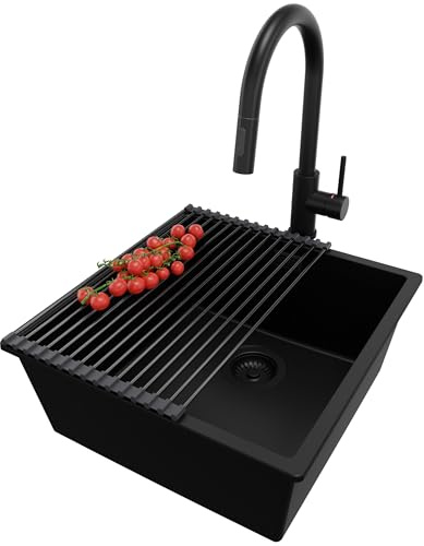 PRIMAGRAN Fregadero bajo Encimera al Mueble 50cm + Grifo, 46x47cm | Set: Grifo BW9010 + Kit de desagüe + Enrollable Escurridor + London 1 Seno Granito, Todo Negro