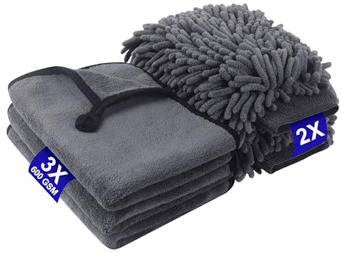 Kit limpieza coche 5 piezas - Incluye 600GSM 3 toalla microfibra coche y 2 guantes de lavado. Material ultrasuave y sin rayones, gran absorción, pulir y limpiar eficazmente el coche (40 x 30 cm)