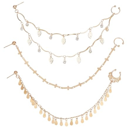 NICENEEDED 3 PCS Anillos para la Nariz Cadena de Aro, Cadena Nasal de Doble Capa Sin Perforaciones, Cadena con Borlas de Nariz A Oreja