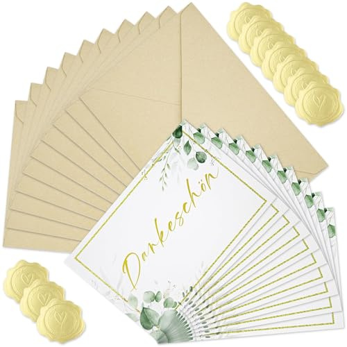 NISENTIA Dankeschön Karte, 12 Stück Dankeskarten, Karte Danke mit 12 Kraftpapier Briefumschläge und 12 Gold Siegel Aufkleber, Danke Karten mit umschlag für Lehrer Kollege, Lehrerin, Familie, Freund