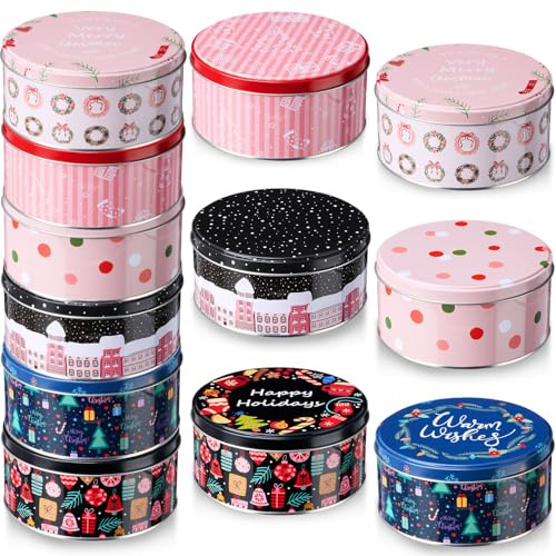 Yaomiao 12 Pack Christmas Cookie Tins with Lids for Gift Giving Small Xmas Tin Containers Round Metal Christmas Tins Empty Cookie Jar for Gift Giving Holiday Party Favors (Elegant Style)