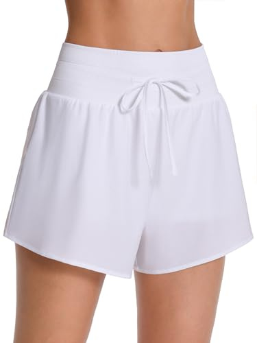 ATTRACO Womens Swim Shorts High Waisted Swim Bottoms Water Shorts Drawstring Board Shorts White L
