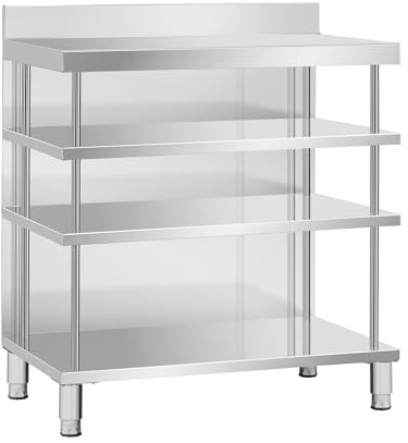 Royal Catering Tavolo da lavoro bar 100 x 60 x 115 cm, acciaio inox igienico, alzatina protettiva, 4 ripiani con MDF rinforzato, capacità elevata, piedini regolabili 150 mm, banco inox professionale