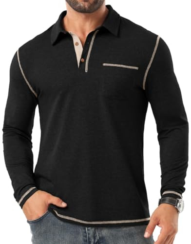 PrinStory Mens Long Sleeve Polo Shirts Cotton Polo Shirts Golf Tennis Tops Casual Grandad Tee Tops with Chest Pocket (Black, S)