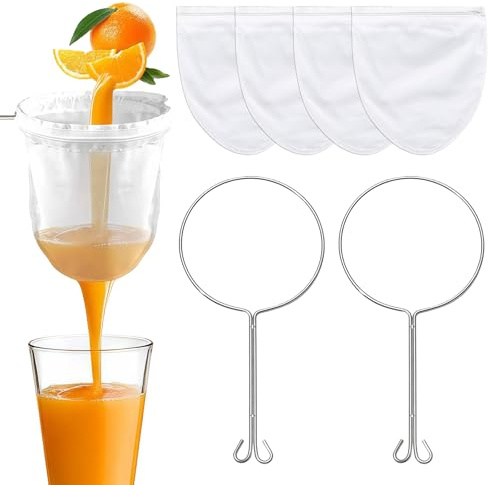 4 Stück Nussmilchbeutel Bio Waschbar, Nussmilchbeutel mit Ständer, 2 Halter, Siebbeutel mit Reißverschluss, Passiertuch Wiederverwendbar, für Saft Milch Kaffee Nussmilch Gemüsesäften (klein)