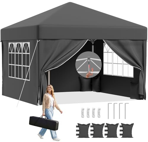 TRIUMPHKEY Pavillon 3x3m Wasserdicht Stabil Winterfest，Pop Up Faltpavillon mit 4 Seitenteilen und 4 Sandsäcke， Faltbar Partyzelt Gartenzelt Gartenpavillon für Camping Party，Garten，Grau