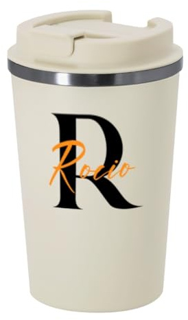 DEREGALOOS Vaso Térmico Personalizado con Nombre de 350 ml con Tapa Hermética. Acero Inoxidable Doble Capa. Libre de BPA. Ideal para Café, Oficina, RegaloS (Beige - Inicial y Nombre)