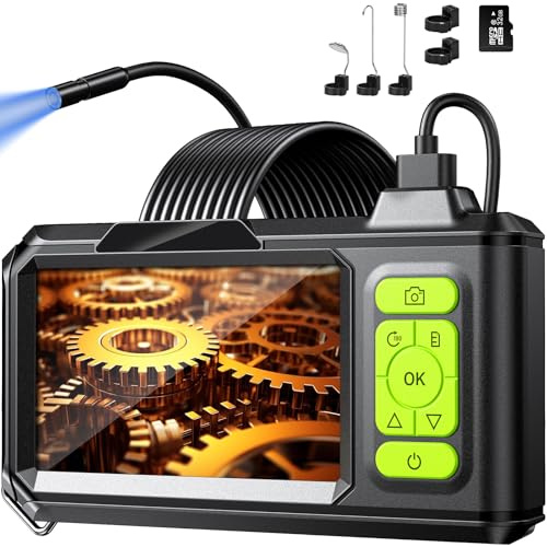 Ruycllo Endoscopio con Pantalla IPS 4.3 1080P HD – Cámara Endoscópica Impermeable IP67 con 8 LED y Cable Semirrígido 5M, Cámara de Inspección con 32GB Tarjeta TF para Tuberías, Automóviles