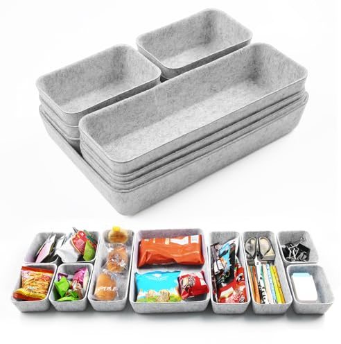Sugfews 10 Stück Schubladen Organizer Filz, Büro Schubladen Organizer, Stapelbare Filz-Aufbewahrungsboxen, Schubladen Ordnungssystem für Schminktisch,Schreibtisch,Nachttisch (Hellgrau)