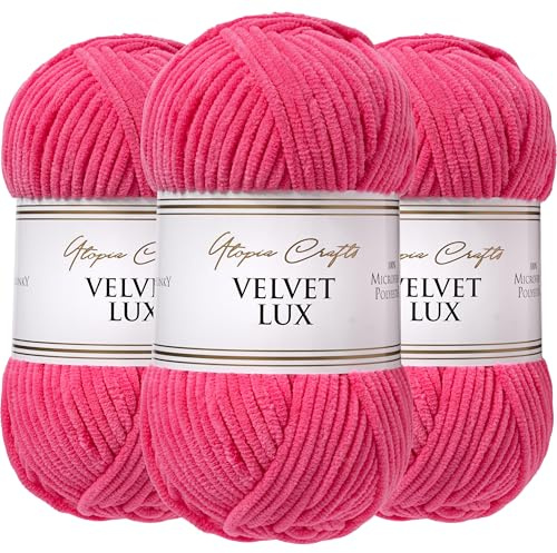 Utopia Crafts Velvet Lux Chenille Wolle 3×100g – Superweiche Häkelwolle & Strickwolle für Decken, Spielzeug, Amigurumi – Häkelnadel 5,5mm, Flauschig (Kaugummirosa)