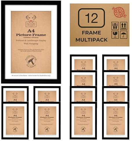 12 Pack A4 Black Picture Frames – Modern Frames for Photos, Prints & Certificates, Wall Mounted & Freestanding