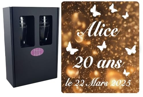 2 Flûtes à Champagne Gravées – Age personnalisable + Prénom - Modèle Anniversaire Papillons avec Coffret Cadeau - Cadeau d'anniversaire personnalisé – Verre gravé – Coupe de Champagne personnalisée