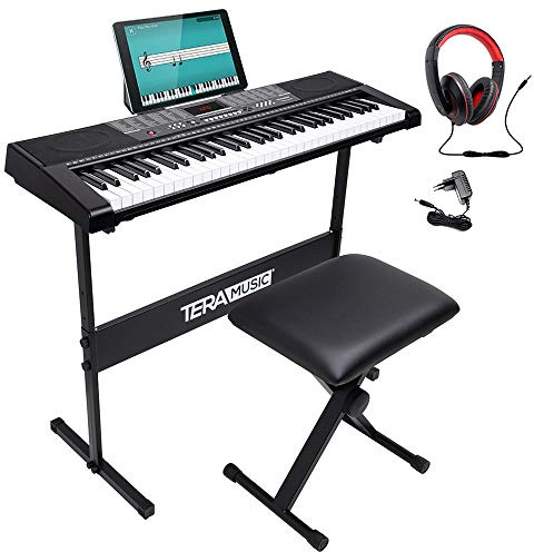 Bakaji - Teclado musical plano electrónico, 61 teclas, piano multifunción con soporte para taburete y auriculares, 255 ritmos, entrada USB AUX y atril