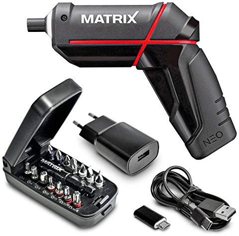Matrix 120310280 Akkuschrauber | klein | NEO | 4 Volt, 5,5 NM Drehmoment | in Geschenkbox | inkl. Zubehör, Bits, etc, 4 V, schwarz, rot