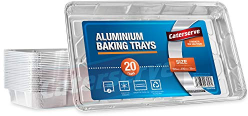 Caterserve Aluminium Foil Trays Containers for Baking Cooking Freezing and Storing Tray Size 32cm x 20cm x 3.3cm (20 Pack)