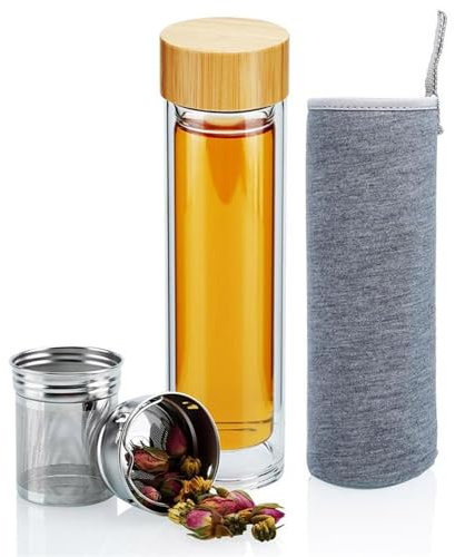 INTIRILIFE Bottiglia da tè in vetro filtro in acciaio inox - bottiglia termica a doppia parete da 400 ml in vetro borosilicato con manicotto- bottiglia il tè da portare con sé, coperchio in bambù