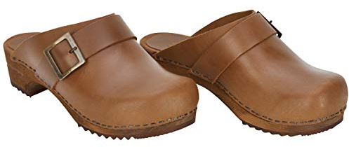 Sanita Urban Offener Clog | Original handgemacht | Leder-Holzclogs für Damen | Nachhaltige Materialen | Cognacbraun | 38 EU