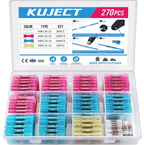 Kuject 270stk Quetschverbinder Set Kabelverbinder Stoßverbinder Wasserdicht Schrumpfverbinder 10-26 AWG Stossverbinder