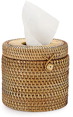 IGNPION Papiertaschentuchbox aus Rattan, Dekoration Kosmetiktücherbox Handgewebt Taschentuchbox, Servietten Aufbewahrungsbox für Haus, Hotel (15x14cm, Natural)