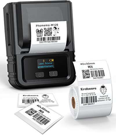 Phomemo M120 Etikettendrucker Bluetooth mit Etiketten, Barcode Drucker Beschriftungsgerät Thermoetikettierer Druckgröße 20-50 mm Kompatibel mit iOS und Android für Heim, Büro