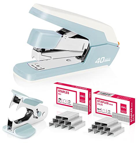 deli Heftgerät Schreibtisch Tacker Bürobedarf, kompatibel mit 24/6, 26/6, 24/8 Heftklammern, bis zu 40 Blatt, bis zu 80% kraftsparend, 65mm Hefttiefe, mit Entklammerer & 1500 Tackernadeln (Blau)