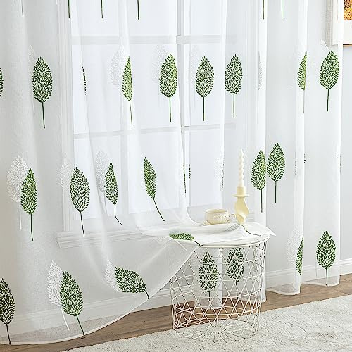 MIULEE Kurz Gardinen mit Grün und Weiss Blätter Muster 2er Set 140x145cm | Modern Stickerei Wohnzimmer Vorhänge Transparent mit ösen für Schlafzimmer Deko, Schöne Blätter Muster Vorhang Fenster