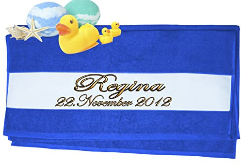 Handtuch personalisiert mit Namen & Geburtsdatum bedruckt| Duschtuch, Badetuch, Saunatuch, Sporthandtuch| Frottiertücher |Geburtstag persönliches Geschenk Idee | Größe:50x100cm (Dunkelblau)