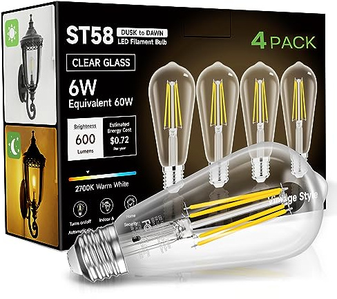 Eastiya Dusk to Dawn Light Bulbs, 6W Equivalent 60W, Soft White 2700K, E26 Base, Light Sensing, ST58 Vintage Style, 600LM, Outdoor Edison Bulbs, Automatic Light Bulbs for Porch Patio Garage, 4 Pack